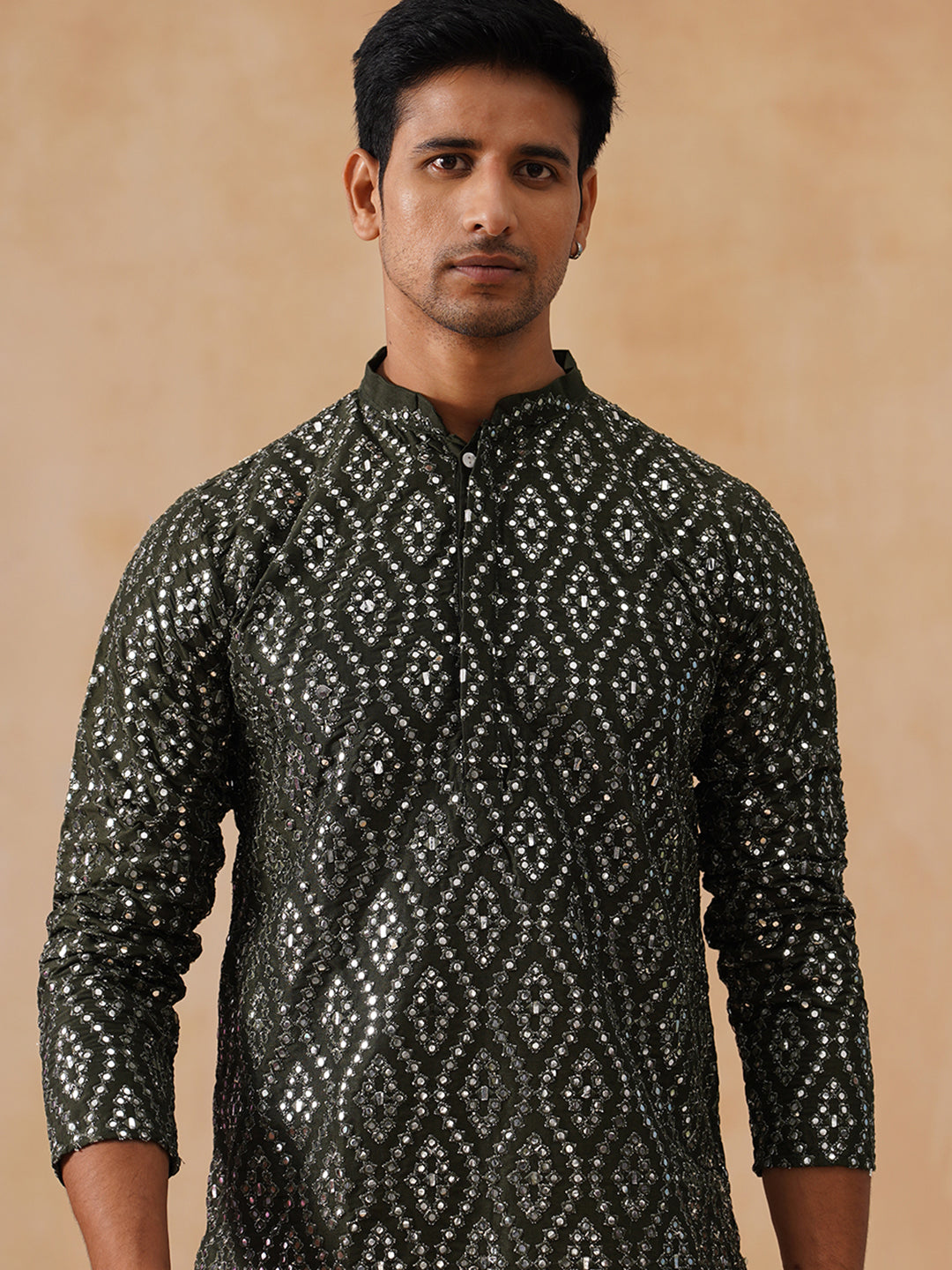 Traditional Mirror Embroidered Kurtas for Men ( KO 5269 Olive )
