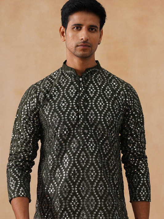 Traditional Mirror Embroidered Kurtas for Men ( KO 5269 Olive )