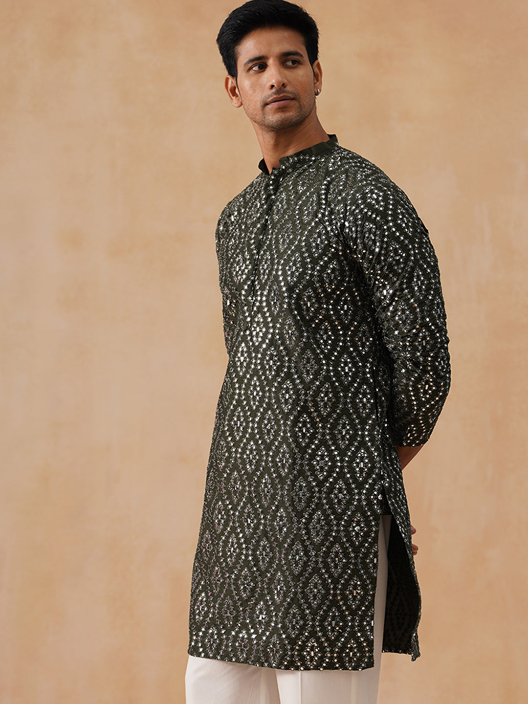 Traditional Mirror Embroidered Kurtas for Men ( KO 5269 Olive )