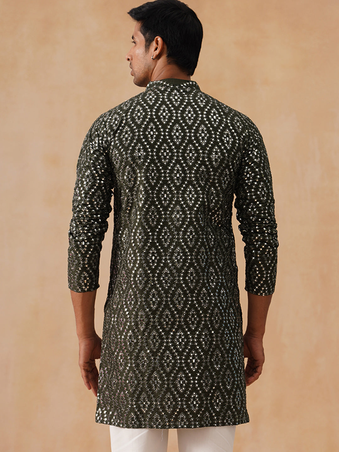 Traditional Mirror Embroidered Kurtas for Men ( KO 5269 Olive )