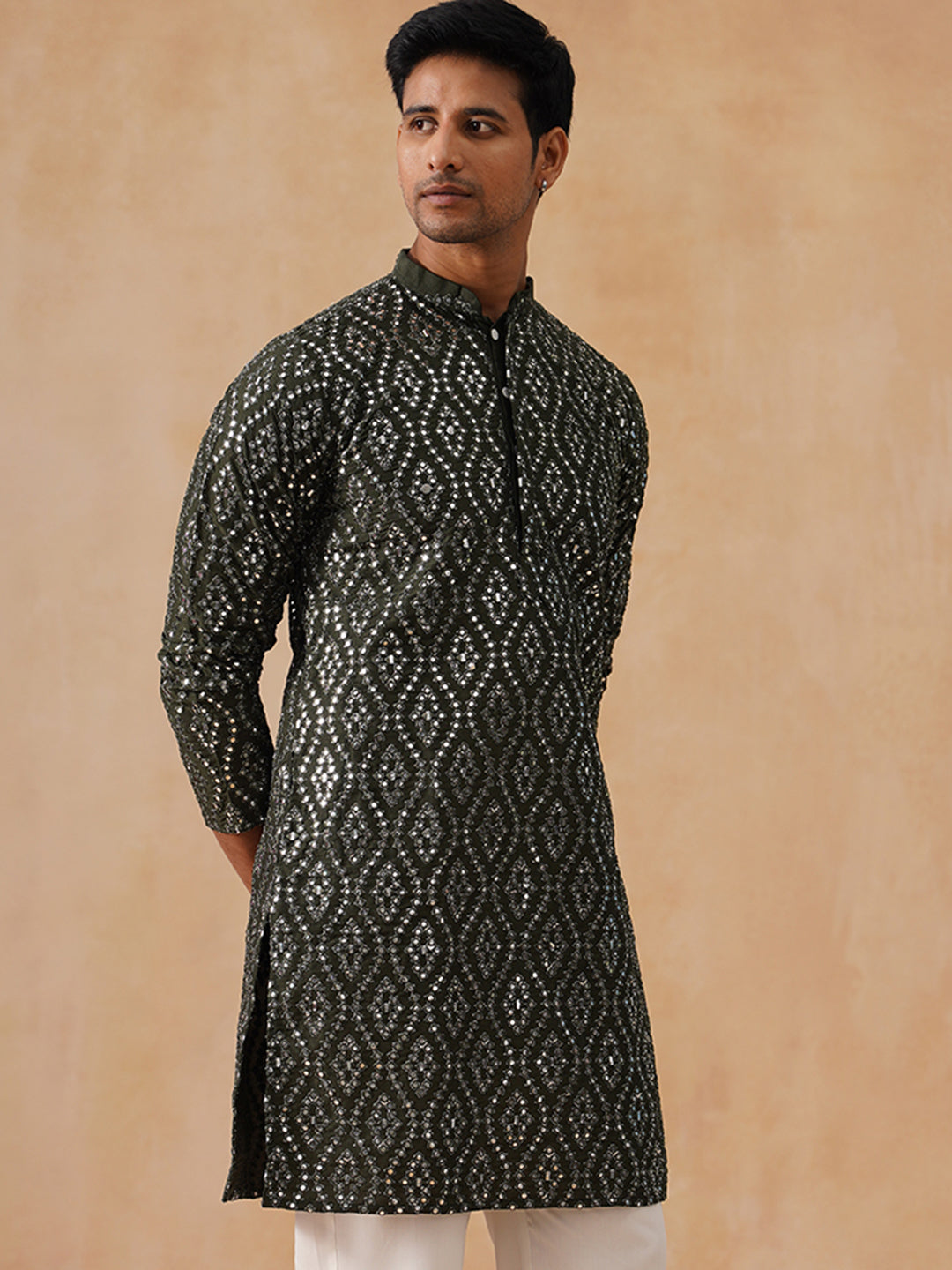 Traditional Mirror Embroidered Kurtas for Men ( KO 5269 Olive )