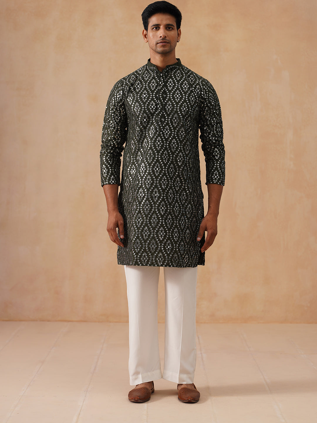 Traditional Mirror Embroidered Kurta Set for Men ( JOKP PJ11-W 5269 PJ11-W 5269Olive )