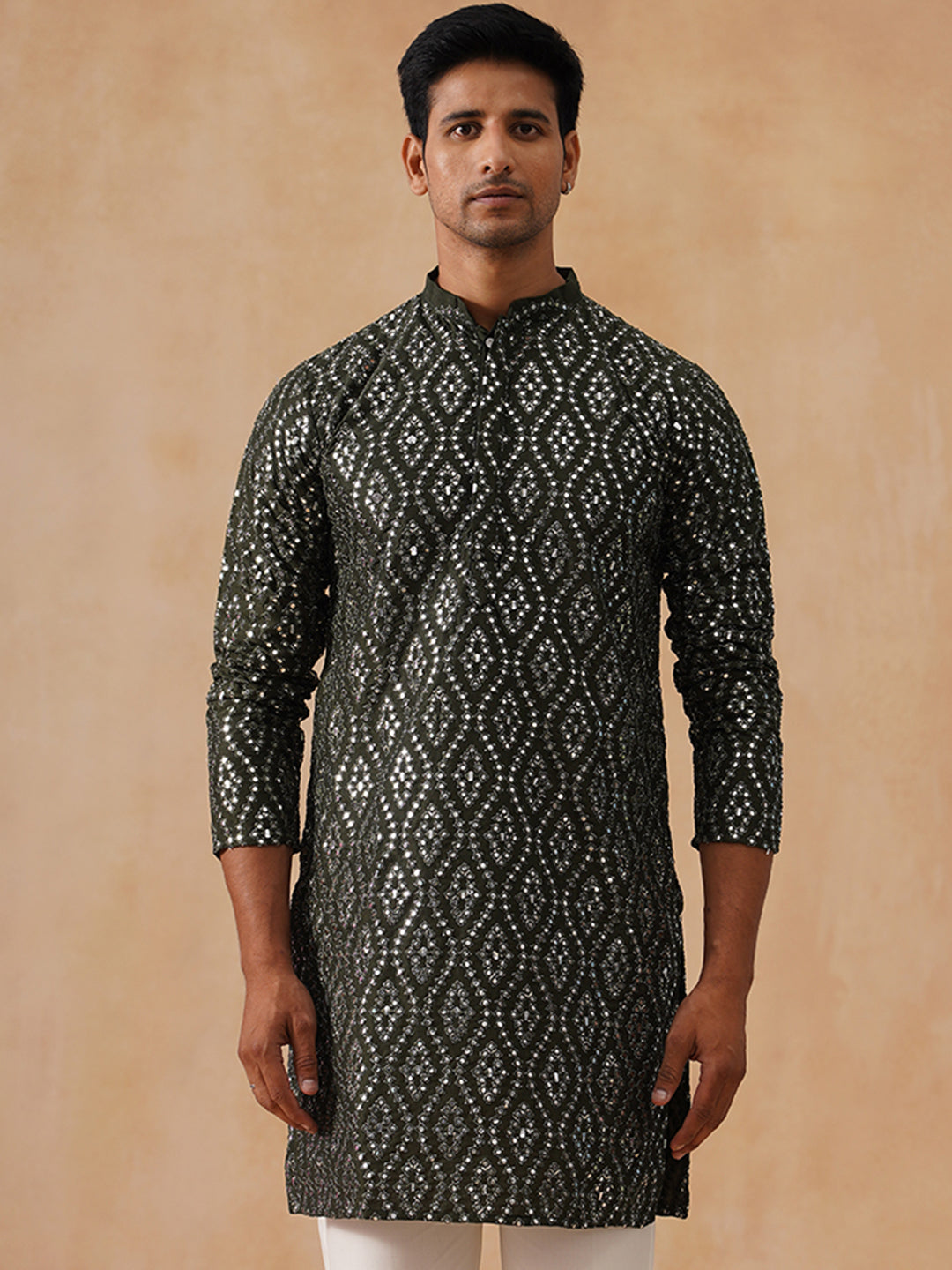 Traditional Mirror Embroidered Kurtas for Men ( KO 5269 Olive )