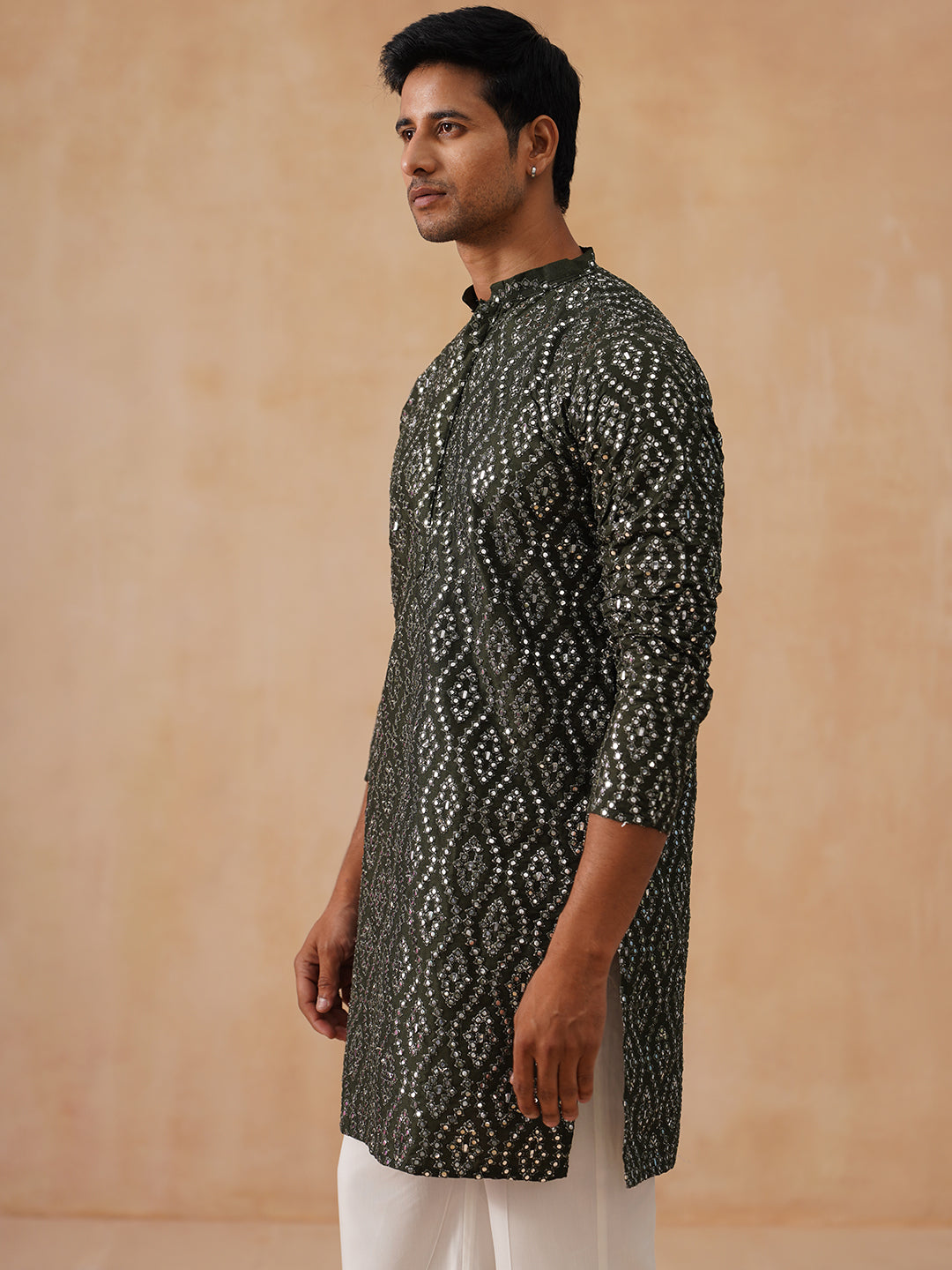 Traditional Mirror Embroidered Kurta Set for Men ( JOKP PJ11-W 5269 PJ11-W 5269Olive )