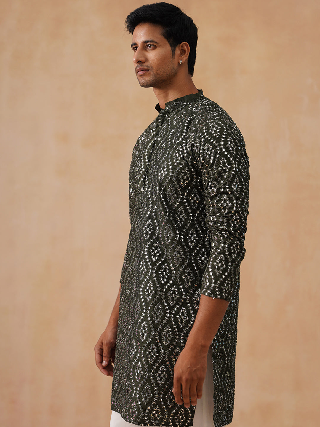 Traditional Mirror Embroidered Kurtas for Men ( KO 5269 Olive )