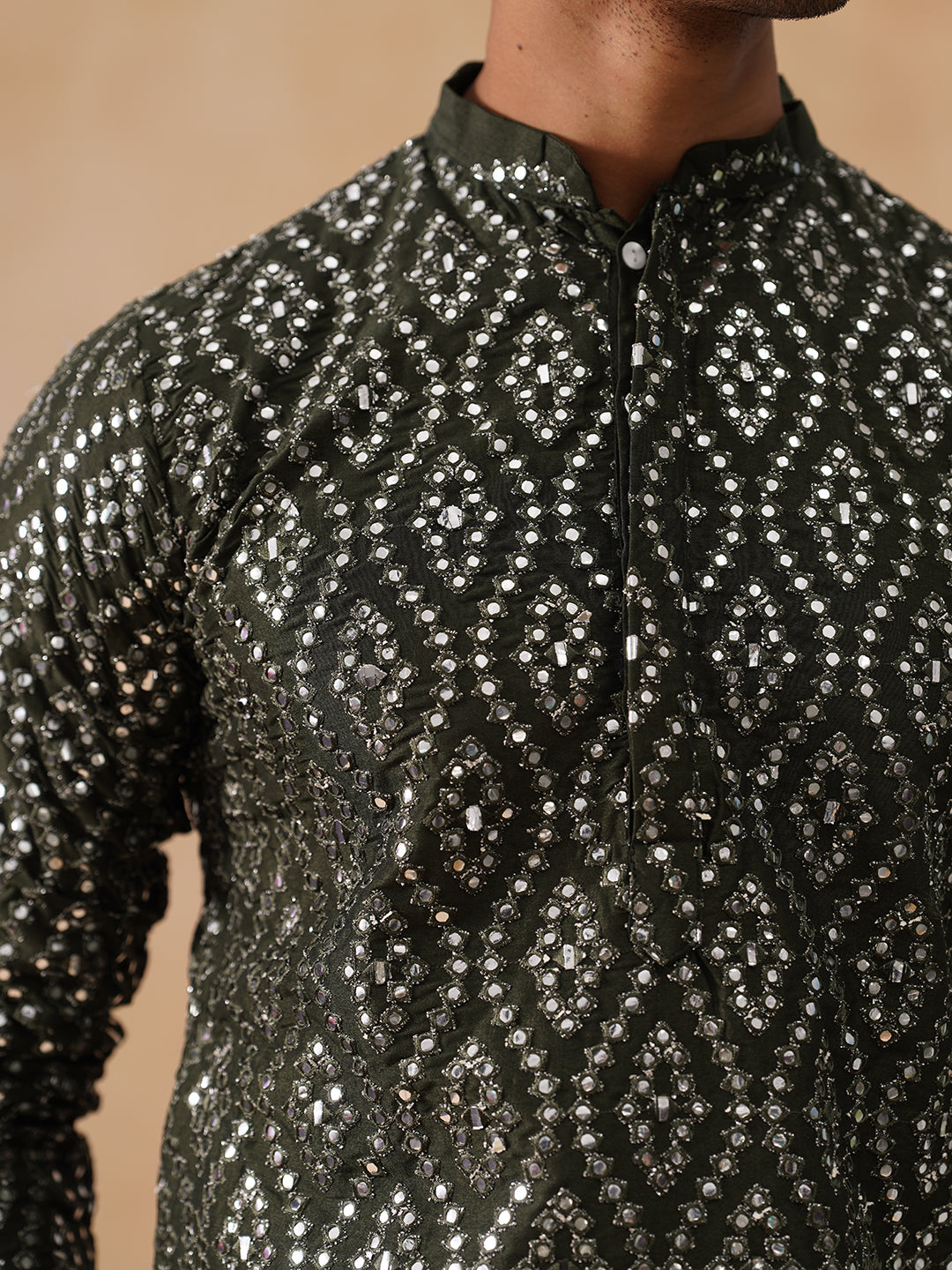 Traditional Mirror Embroidered Kurtas for Men ( KO 5269 Olive )