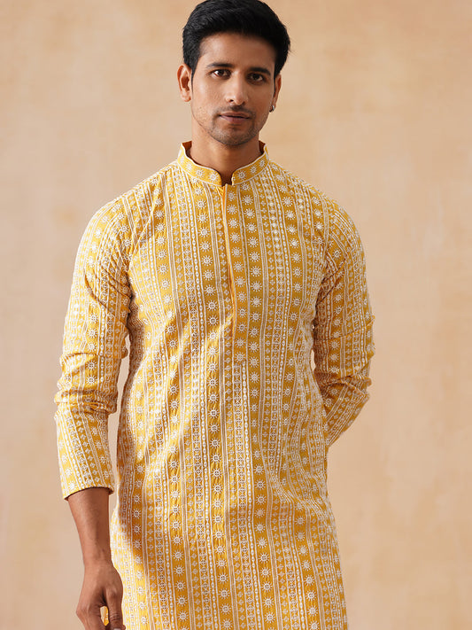 Sunshine Mustard Kurta Set with White Thread Embroidery ( JOKP PJ11-W 5280 PJ11-W 5280Mustard )
