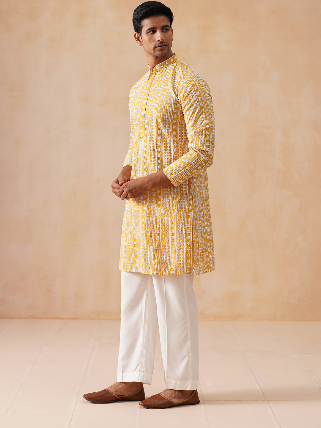 Sunshine Mustard Kurta Set with White Thread Embroidery ( JOKP PJ11-W 5280 PJ11-W 5280Mustard )