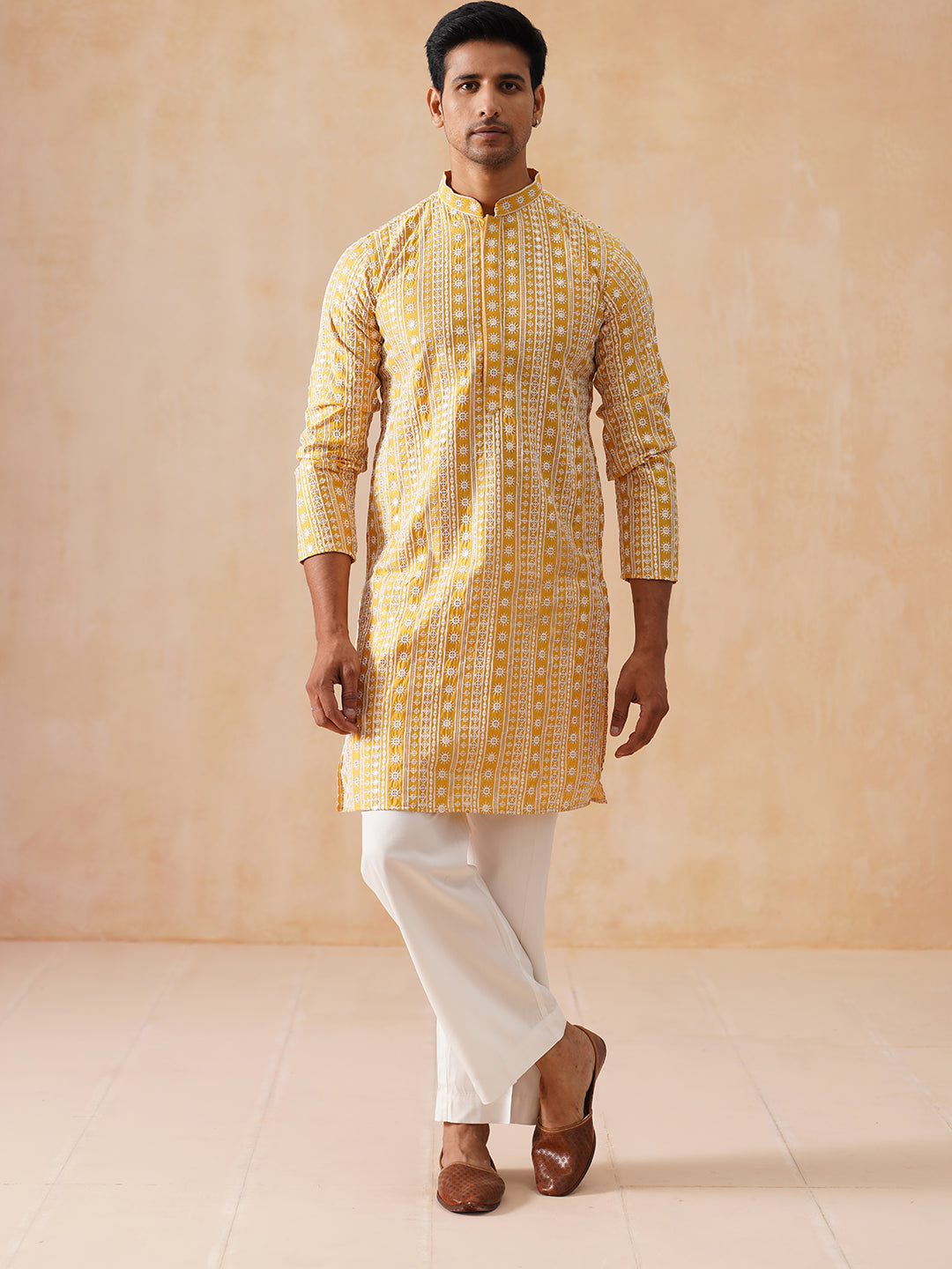 Sunshine Mustard Kurta Set with White Thread Embroidery ( JOKP PJ11-W 5280 PJ11-W 5280Mustard )