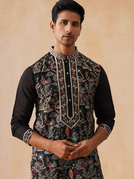 Silk Blend Kurta with Multicolor Embroidery ( KO 5283 Black )