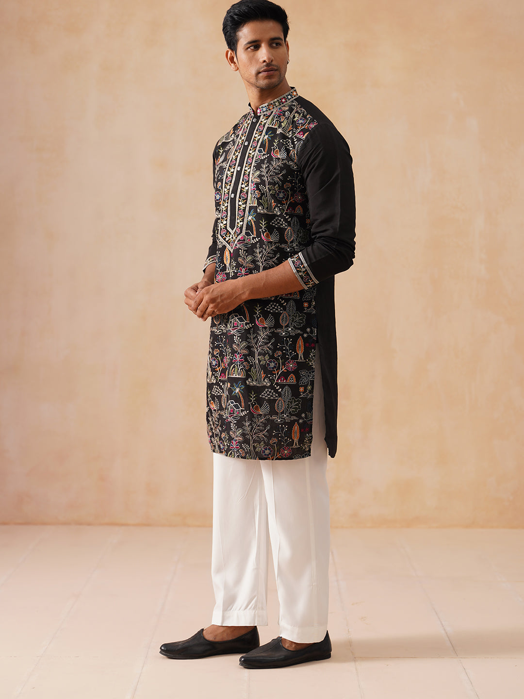 Silk Blend Kurta Set with Multicolor Embroidery (JOKP PJ11-W 5283 Black )