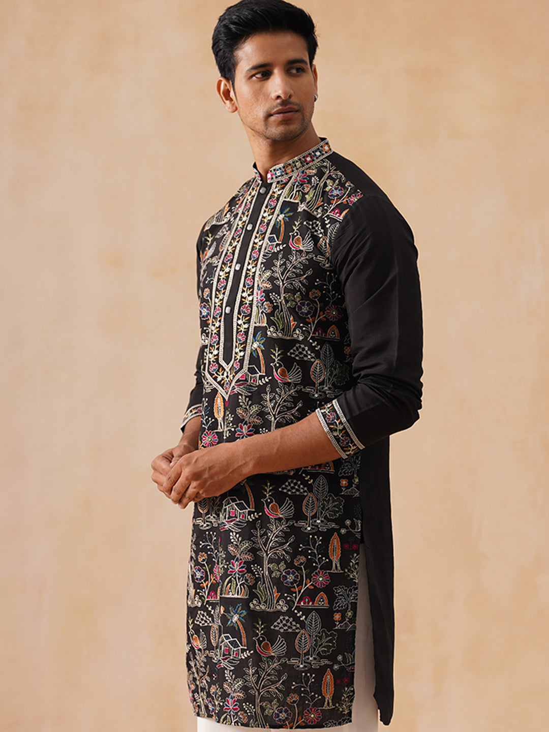 Silk Blend Kurta with Multicolor Embroidery ( KO 5283 Black )