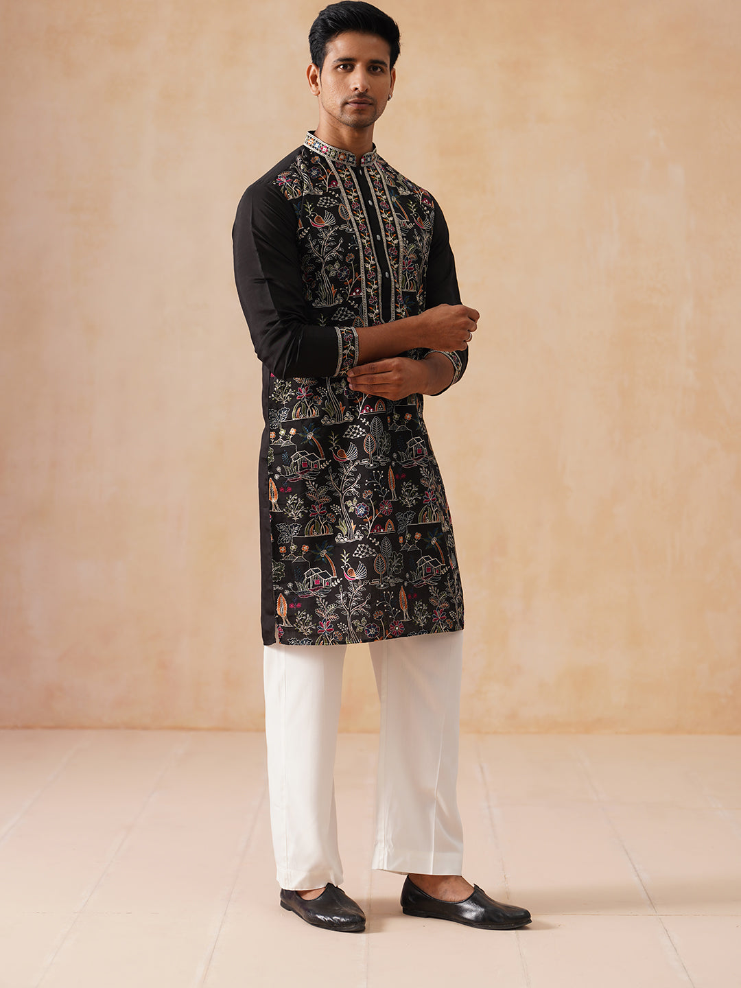 Silk Blend Kurta Set with Multicolor Embroidery (JOKP PJ11-W 5283 Black )