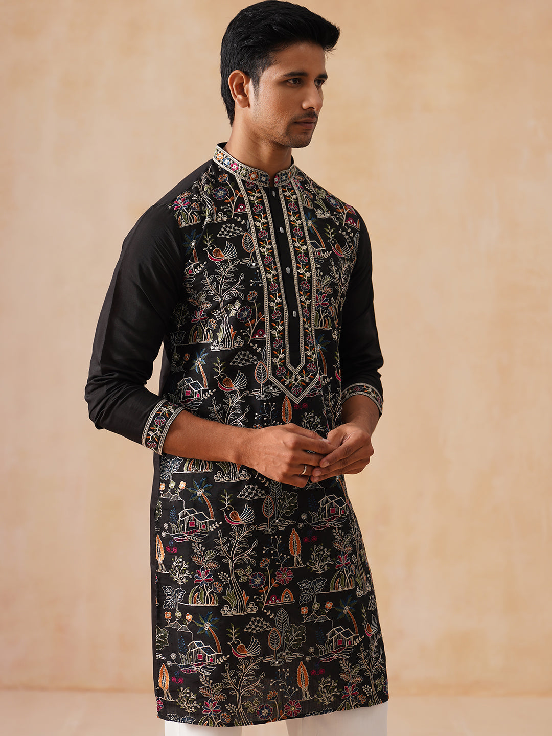 Silk Blend Kurta with Multicolor Embroidery ( KO 5283 Black )