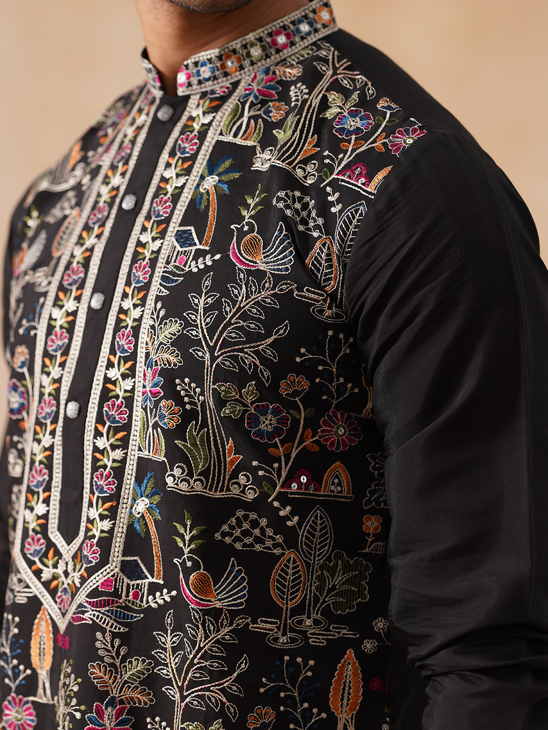 Silk Blend Kurta with Multicolor Embroidery ( KO 5283 Black )