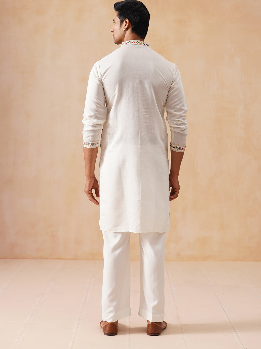 Silk Blend Kurta Set with Multicolor Embroidery (JOKP PJ11-W 5283 White )