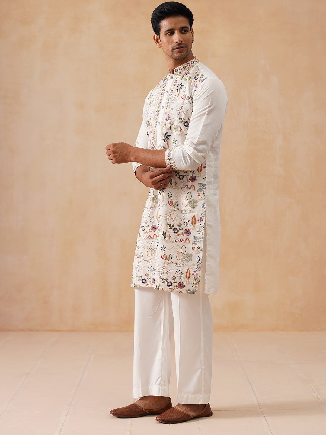 Silk Blend Kurta Set with Multicolor Embroidery (JOKP PJ11-W 5283 White )