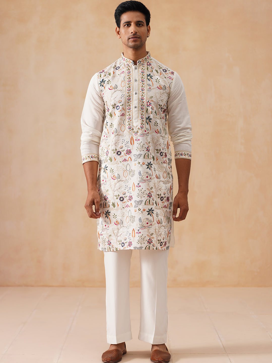 Silk Blend Kurta Set with Multicolor Embroidery (JOKP PJ11-W 5283 White )