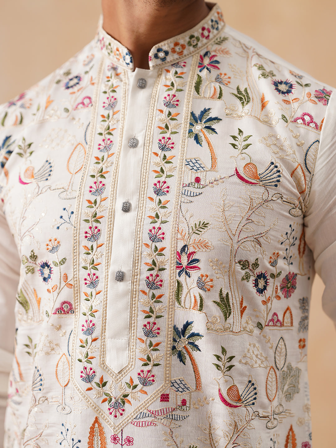 Silk Blend Kurta Set with Multicolor Embroidery (JOKP PJ11-W 5283 White )