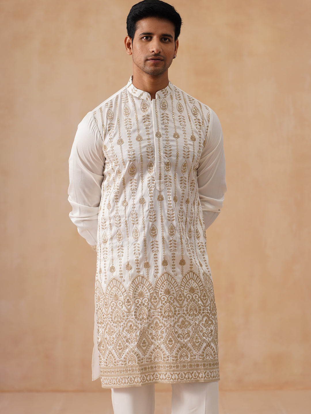 Embroidered Silk Blend Kurta Pyjama Set (JOKP PJ11-W 5289 White )