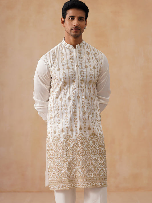 Embroidered Silk Blend Kurtas ( KO 5289 White )