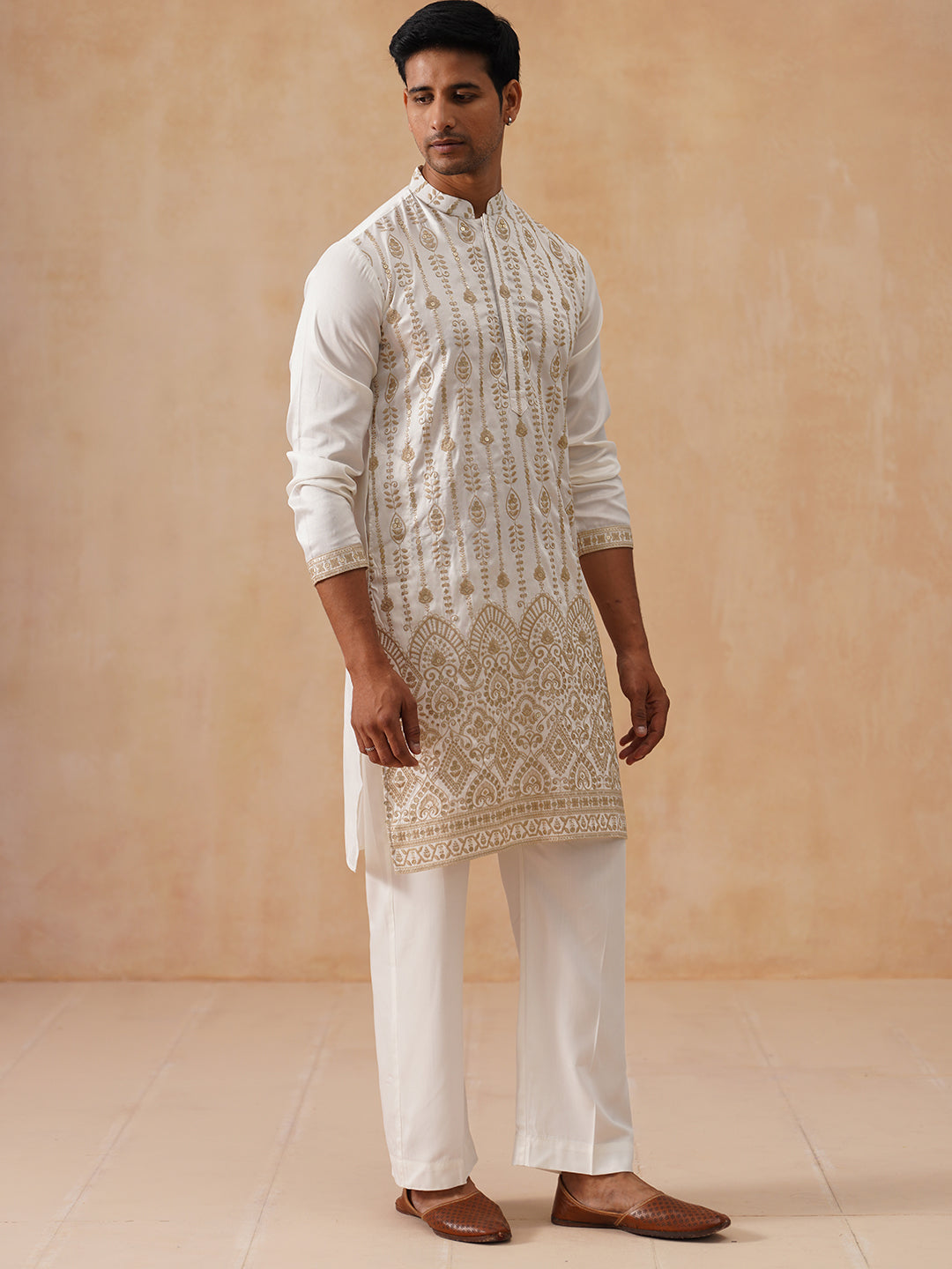 Embroidered Silk Blend Kurta Pyjama Set (JOKP PJ11-W 5289 White )