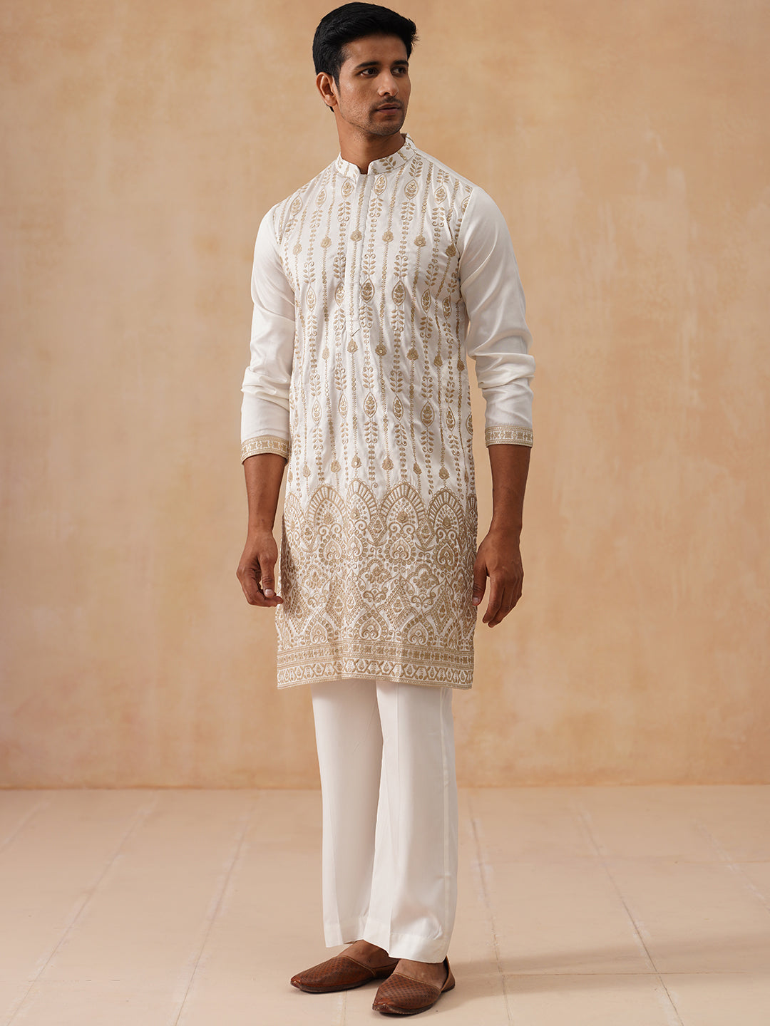 Embroidered Silk Blend Kurta Pyjama Set (JOKP PJ11-W 5289 White )