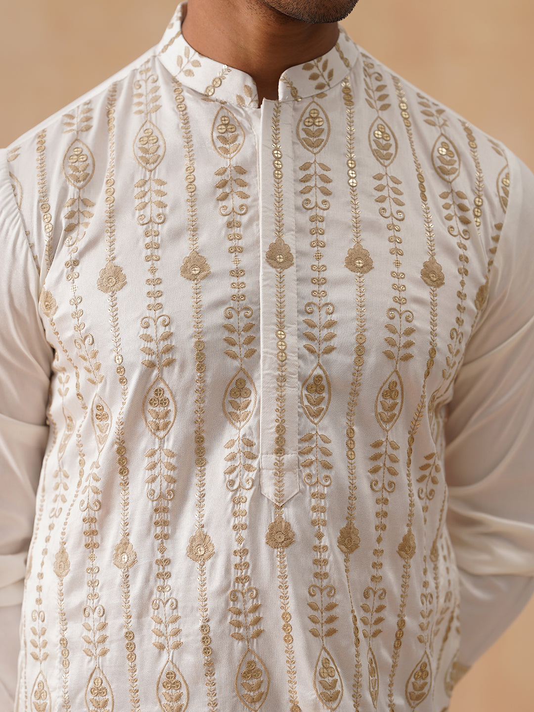 Embroidered Silk Blend Kurta Pyjama Set (JOKP PJ11-W 5289 White )