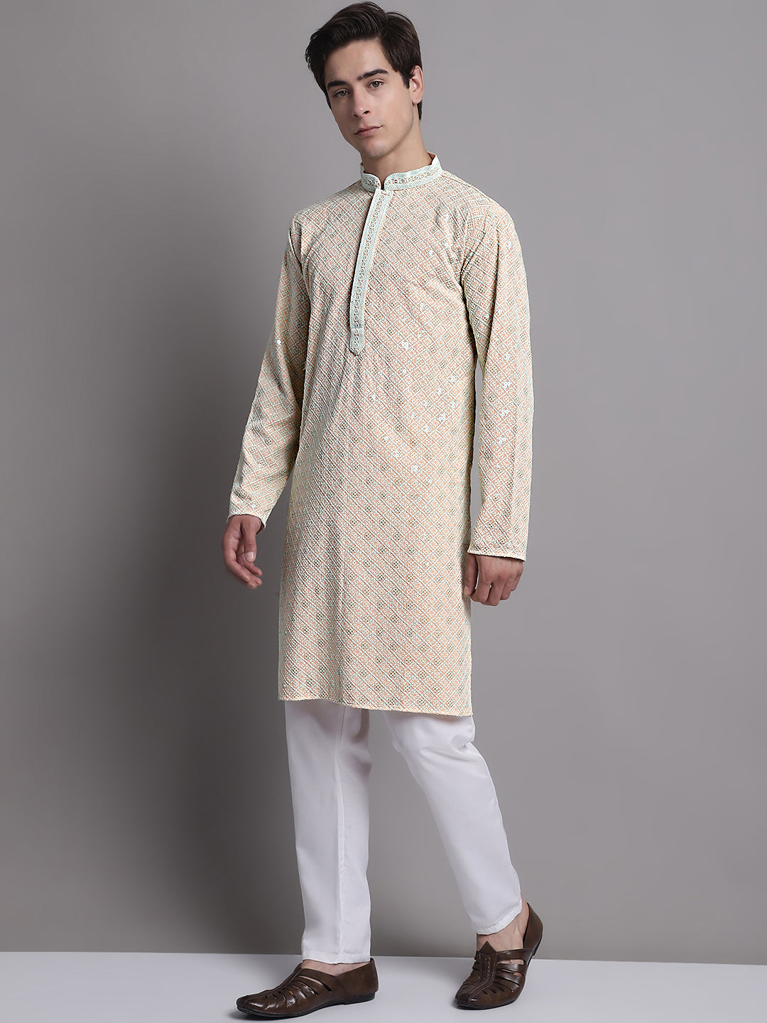 Men's Peach Chikankari Embroidered and Sequence Kurta with Pyjama.