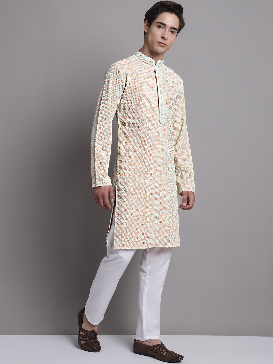 Men's Peach Chikankari Embroidered and Sequence Kurta with Pyjama.