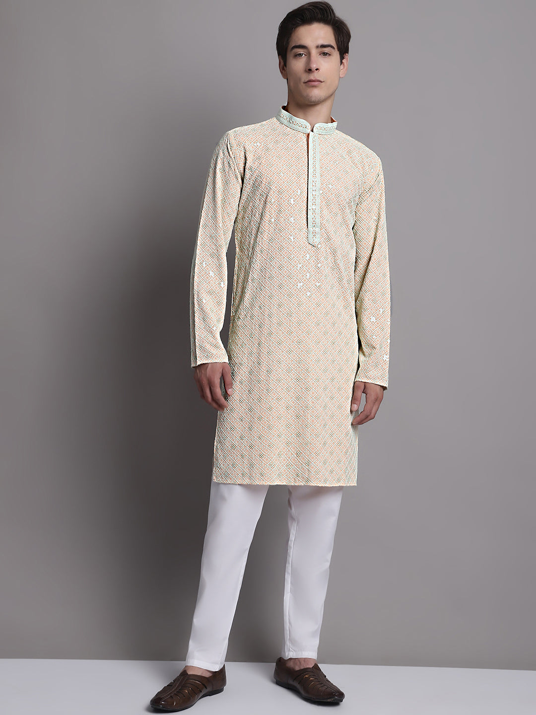 Men's Peach Chikankari Embroidered and Sequence Kurta with Pyjama.