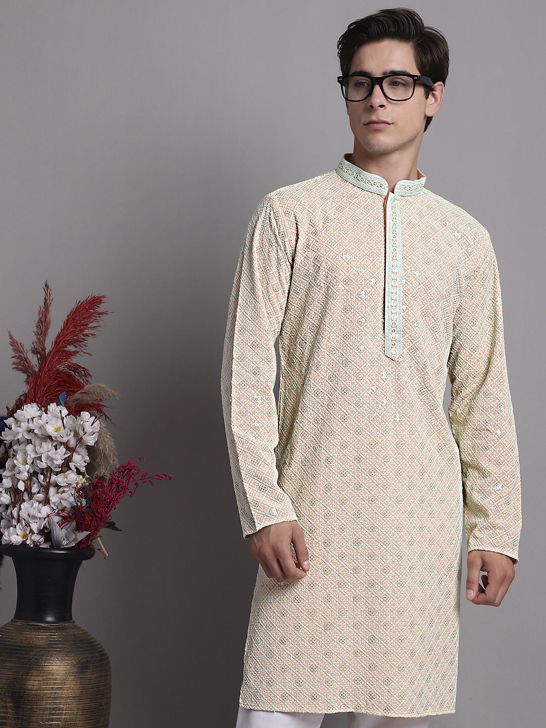 Men's Peach Chikankari Embroidered and Sequence Kurta with Pyjama.