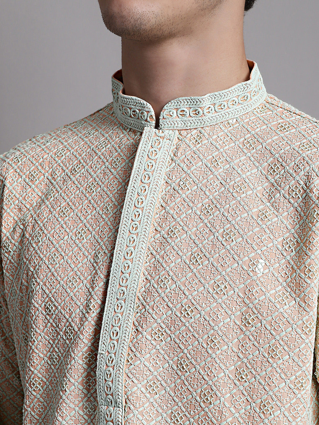 Men's Peach Chikankari Embroidered and Sequence Kurta with Pyjama.