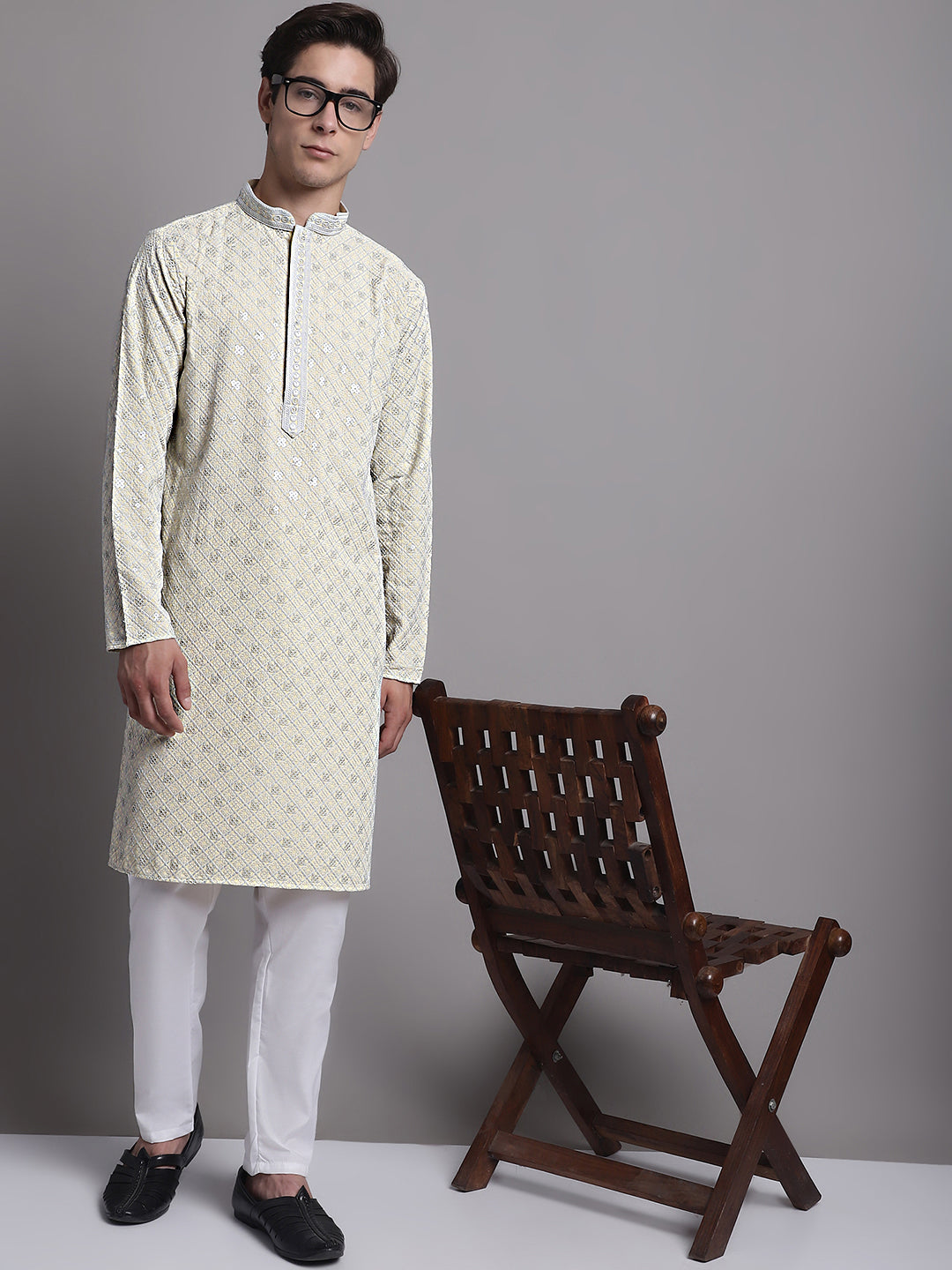 Men's Yellow Chikankari Embroidered and Sequence Kurta with Pyjama. [FF] [C-7-6]