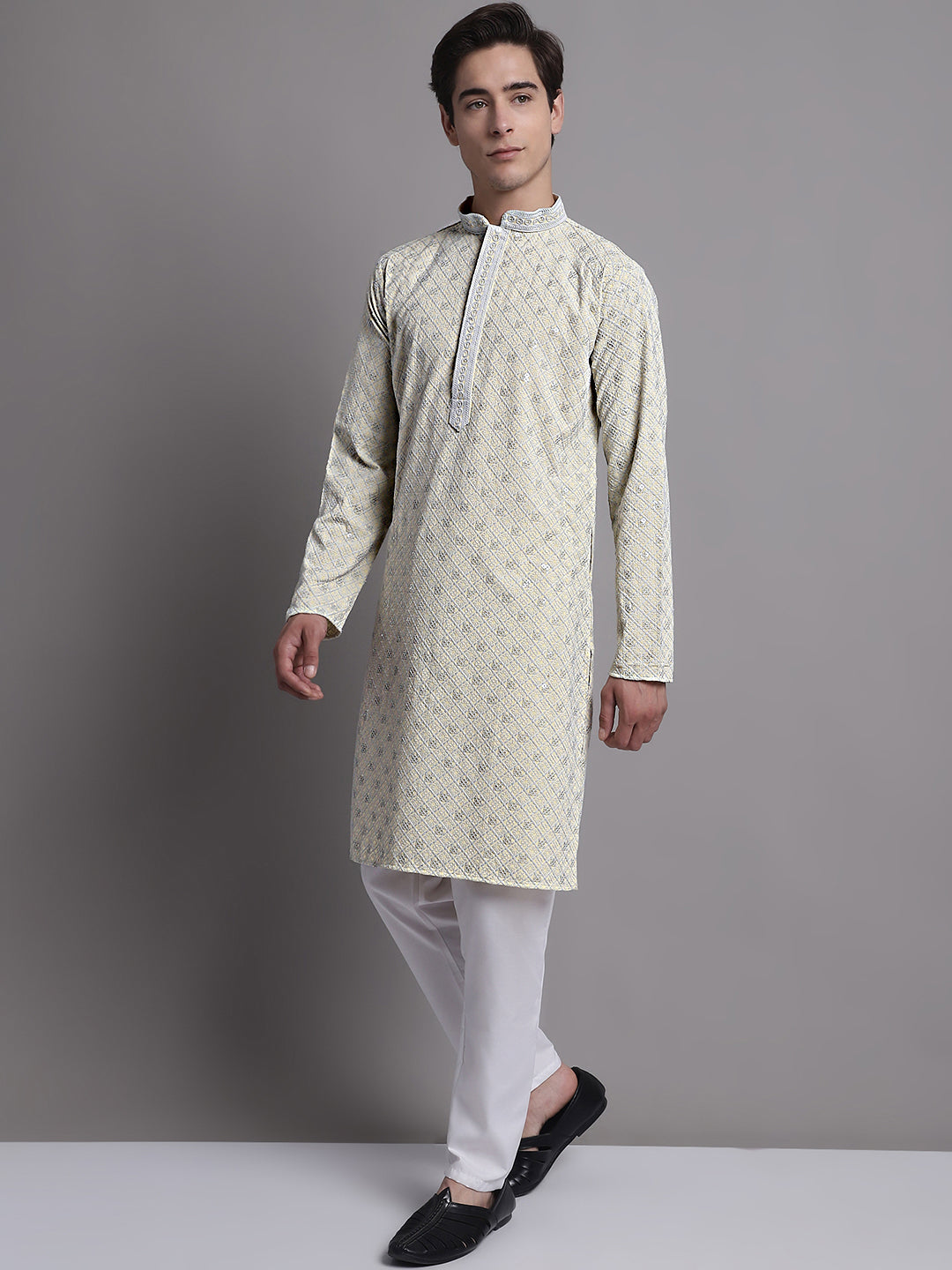 Men's Yellow Chikankari Embroidered and Sequence Kurta with Pyjama. [FF] [C-7-6]