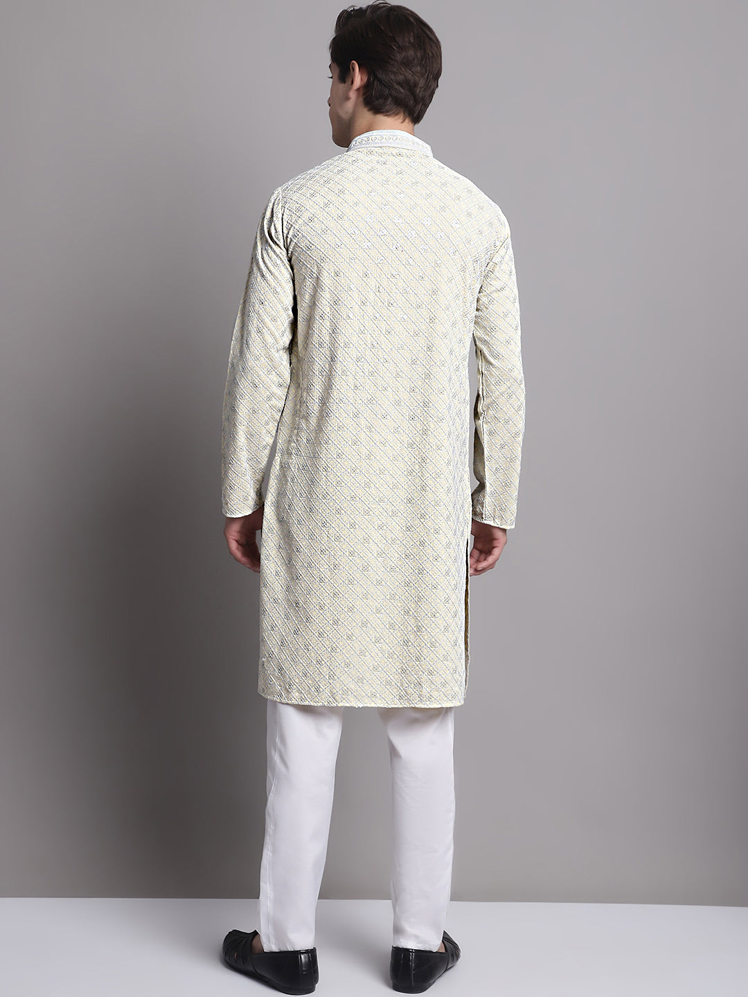 Men's Yellow Chikankari Embroidered and Sequence Kurta with Pyjama. [FF] [C-7-6]