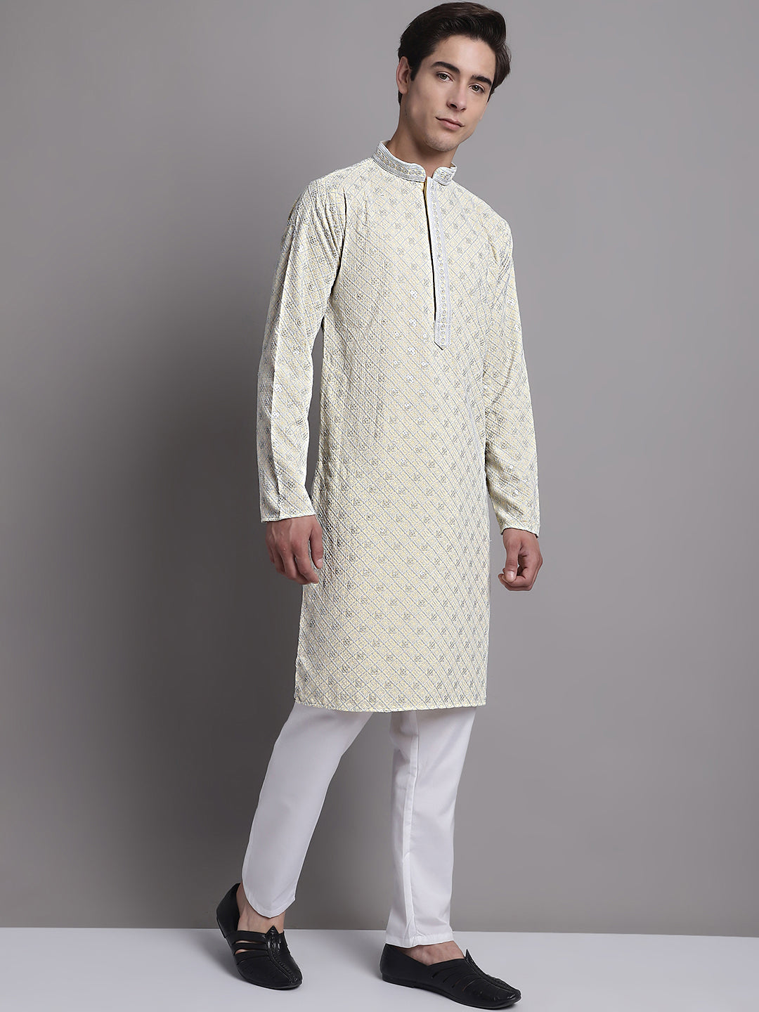 Men's Yellow Chikankari Embroidered and Sequence Kurta with Pyjama. [FF] [C-7-6]