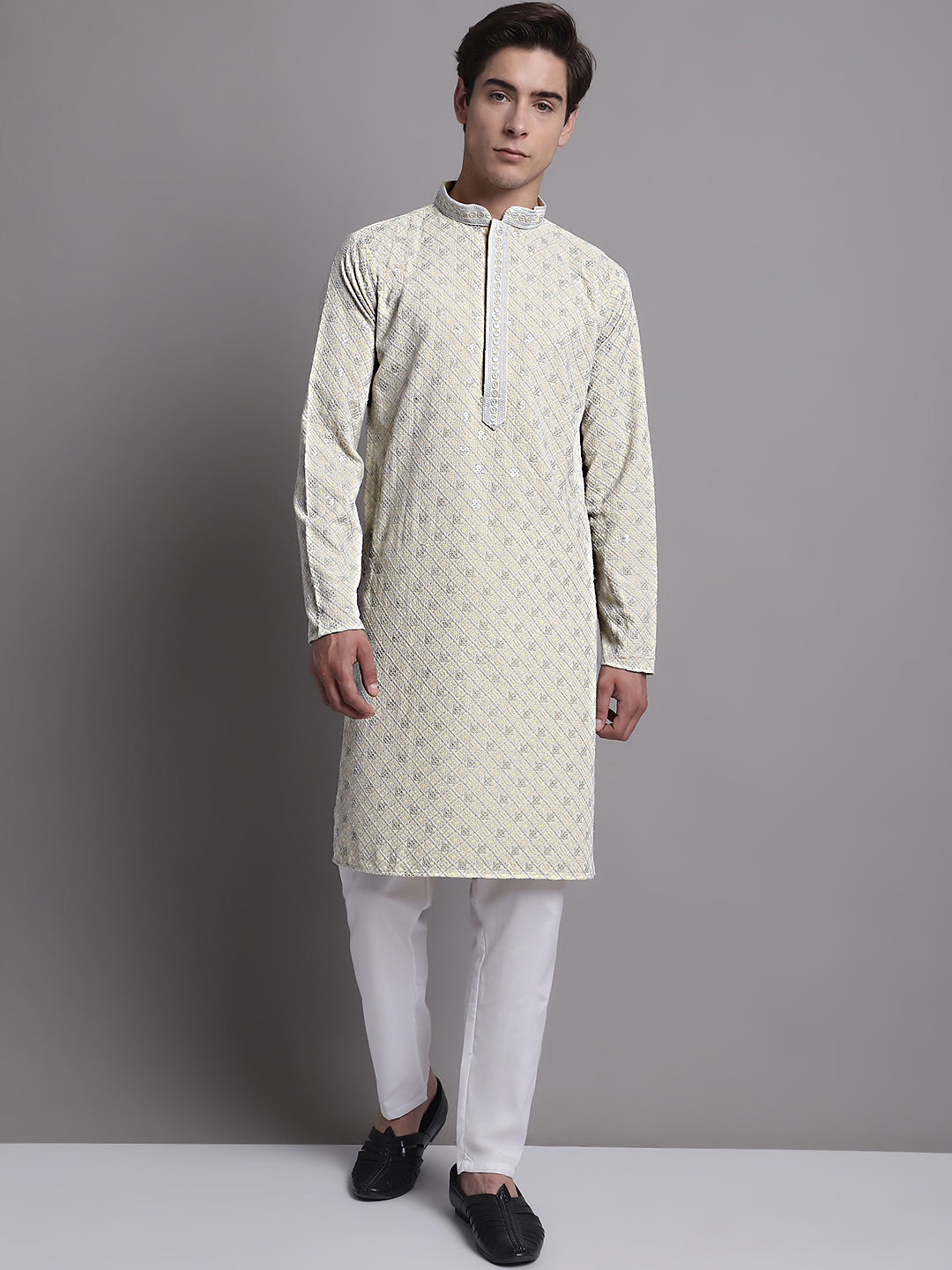 Men's Yellow Chikankari Embroidered and Sequence Kurta with Pyjama. [FF] [C-7-6]