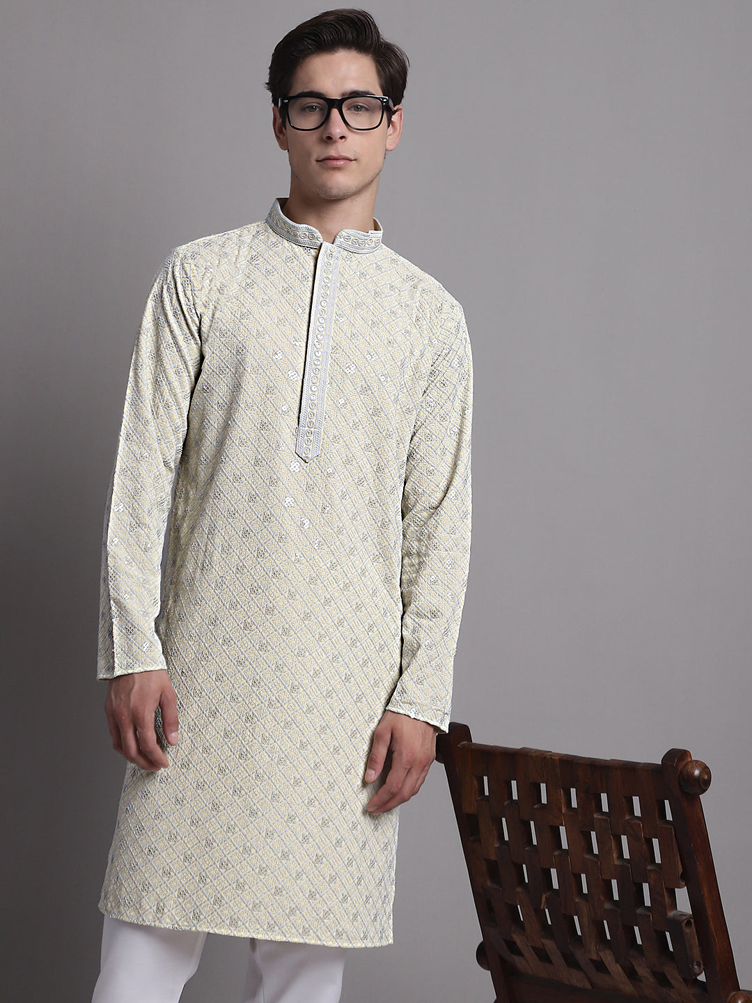 Men's Yellow Chikankari Embroidered and Sequence Kurta with Pyjama. [FF] [C-7-6]