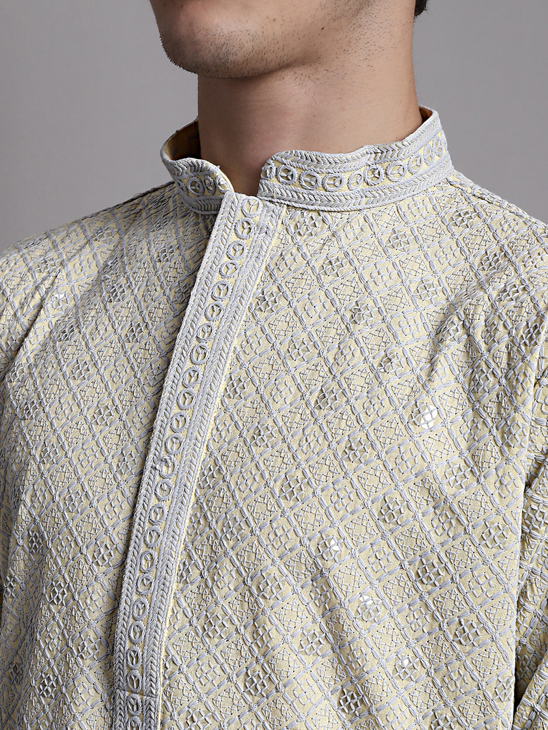 Men's Yellow Chikankari Embroidered and Sequence Kurta with Pyjama. [FF] [C-7-6]