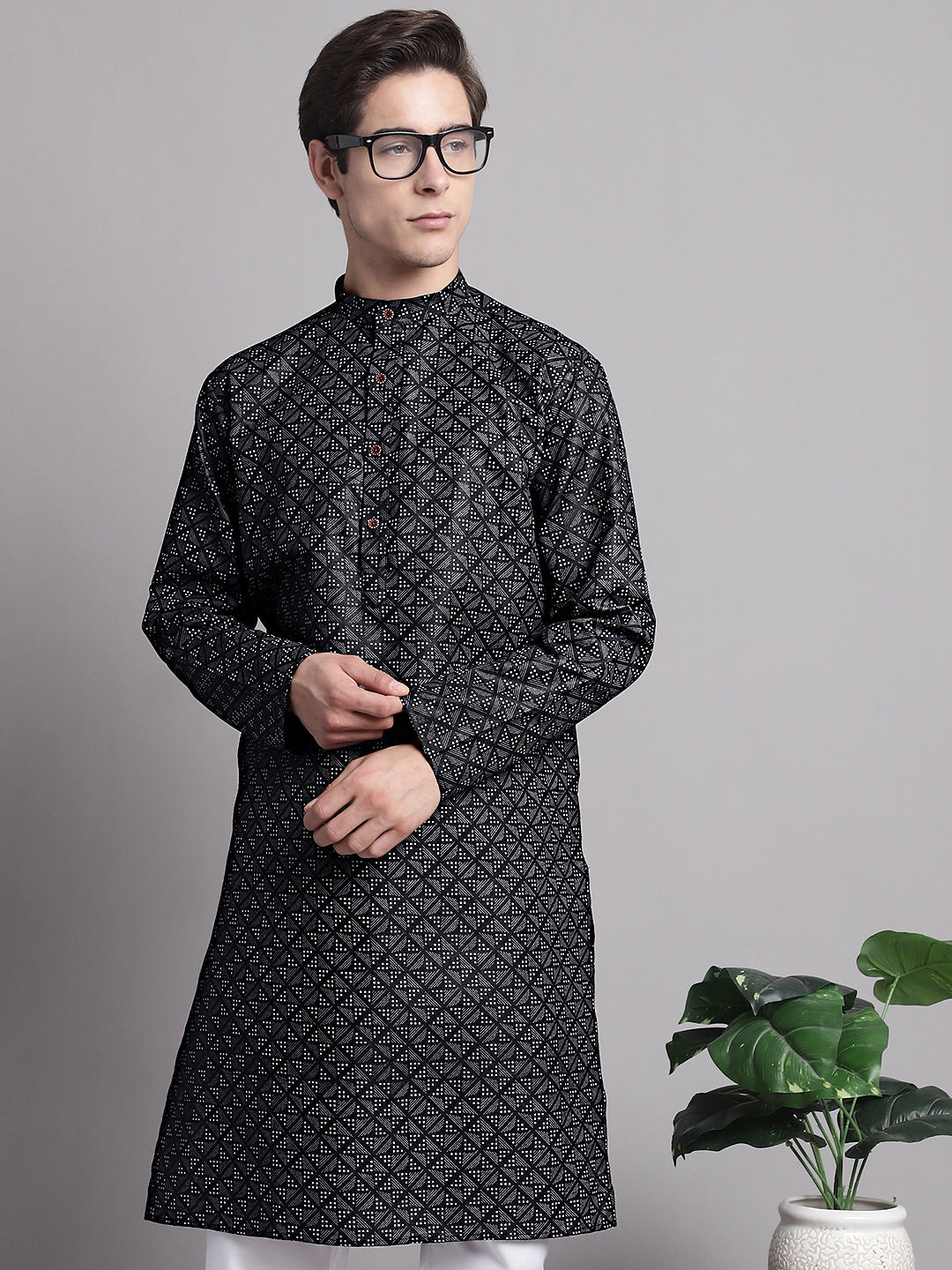 Men's Black Printed Pure Cotton Kurta Payjama Set