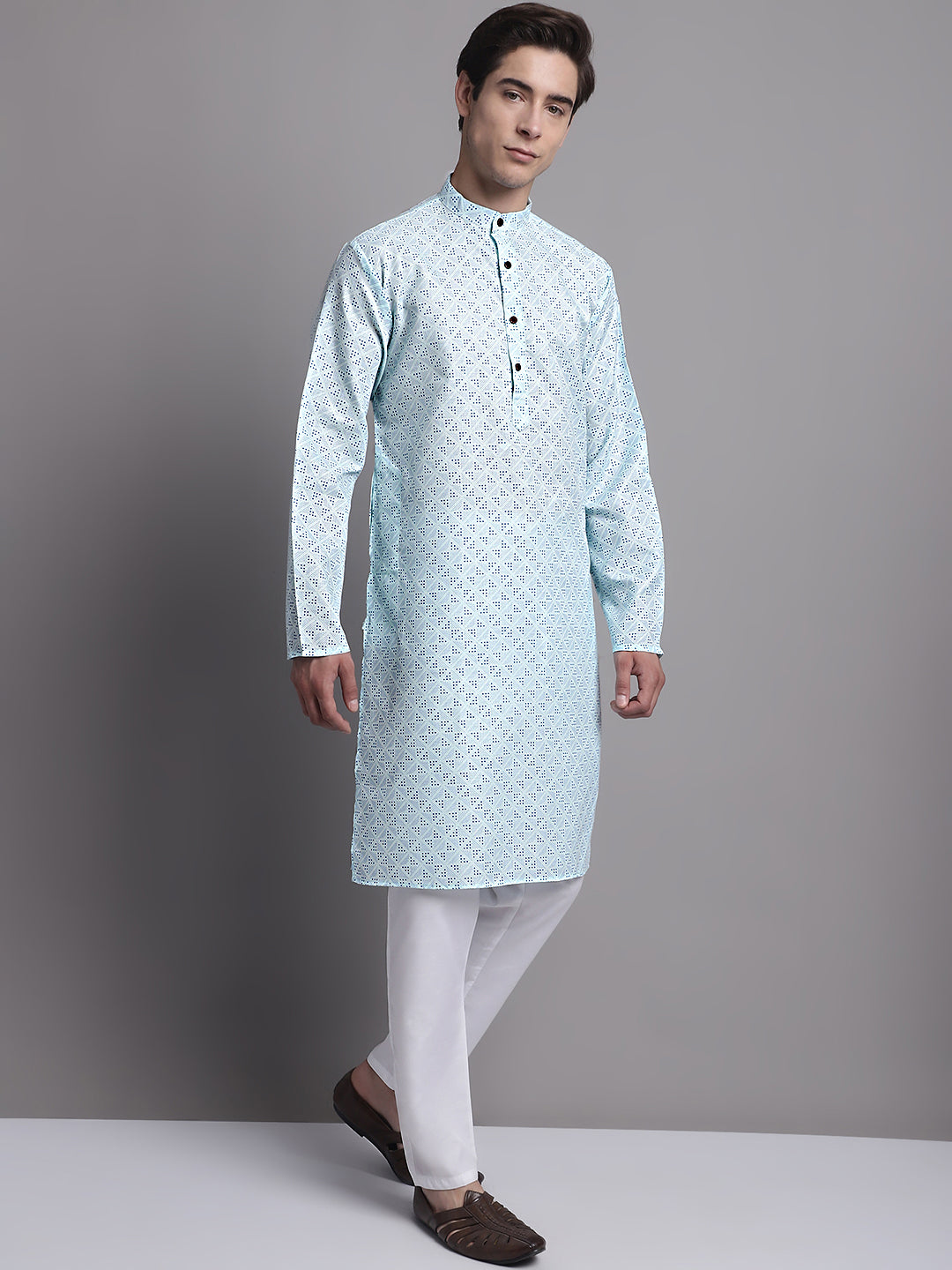Men's Sky Blue Printed Pure Cotton Kurta Payjama Set