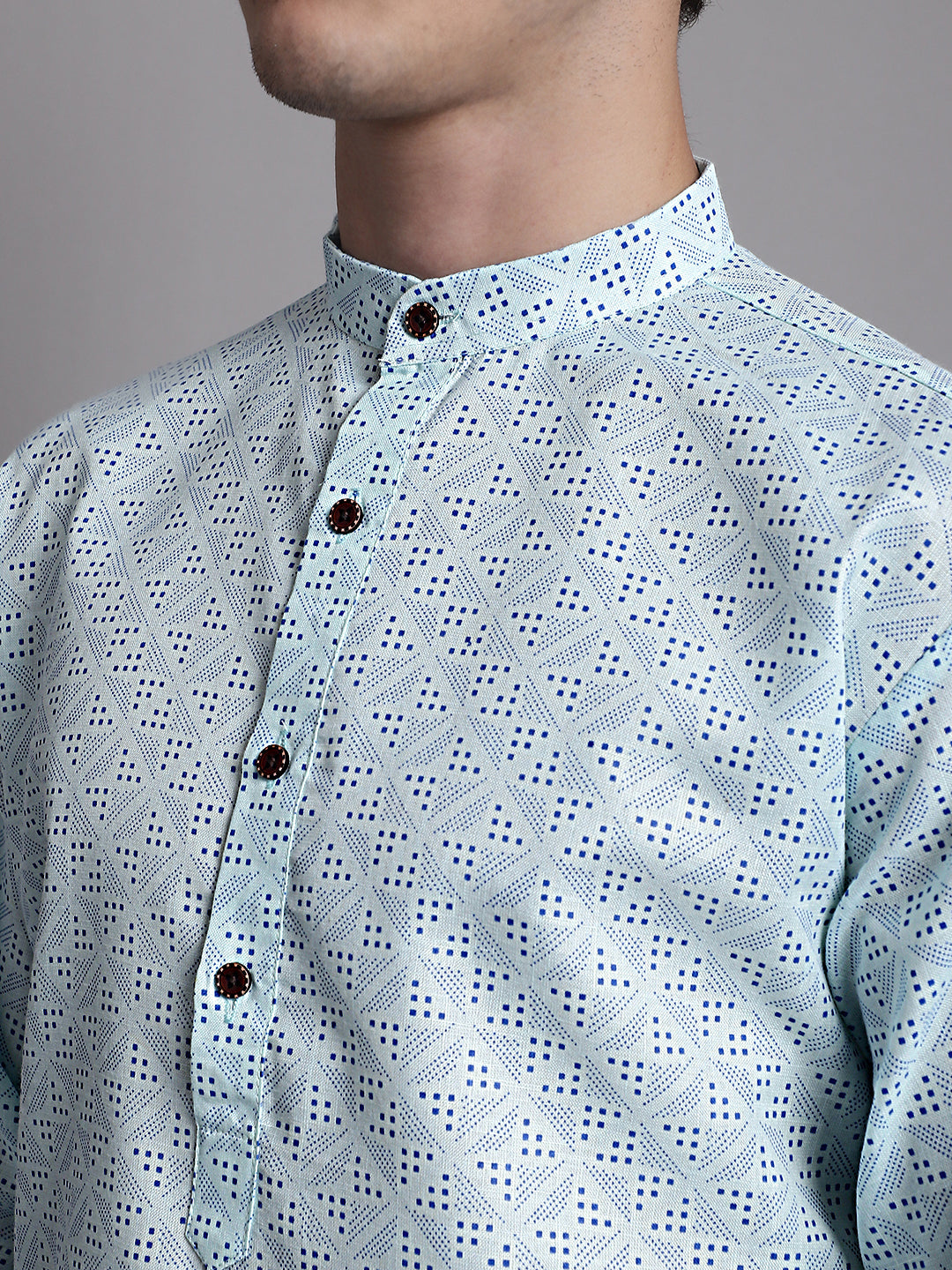 Men's Sky Blue Printed Pure Cotton Kurta Payjama Set