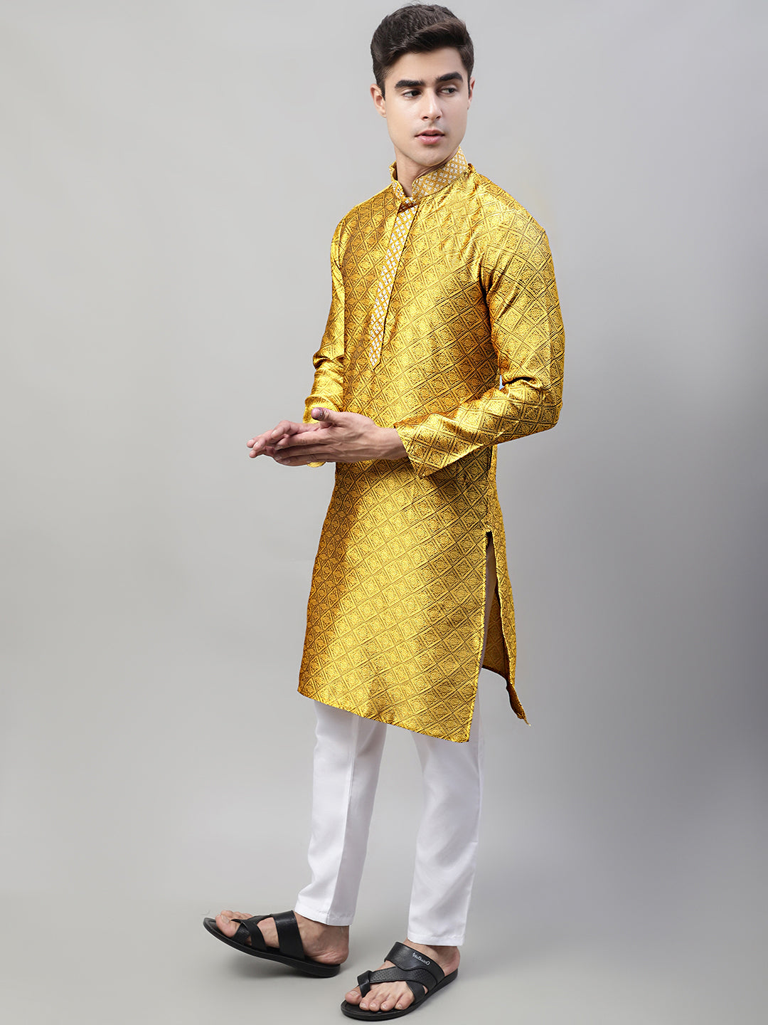 Men's Mustard Collar Embroidered Silk Jacquard  Kurta Pyjama