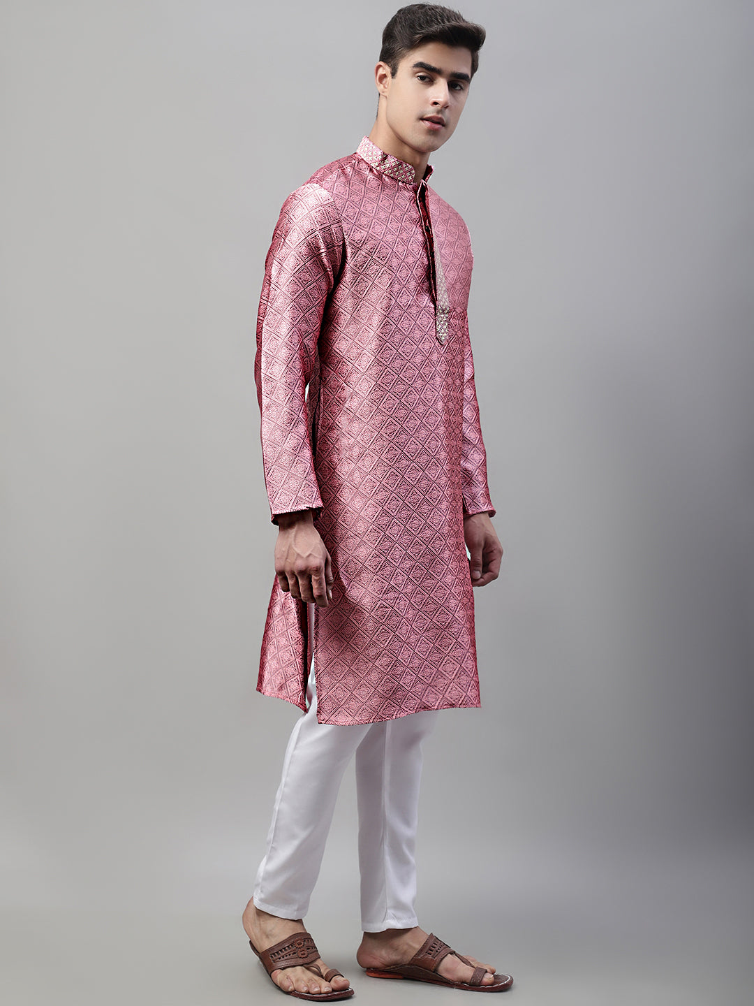 Men's Pink Collar Embroidered Silk Jacquard  Kurta Pyjama