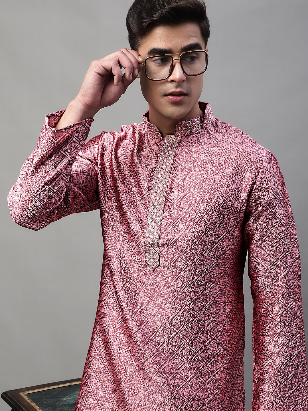 Men's Pink Collar Embroidered Silk Jacquard  Kurta Pyjama