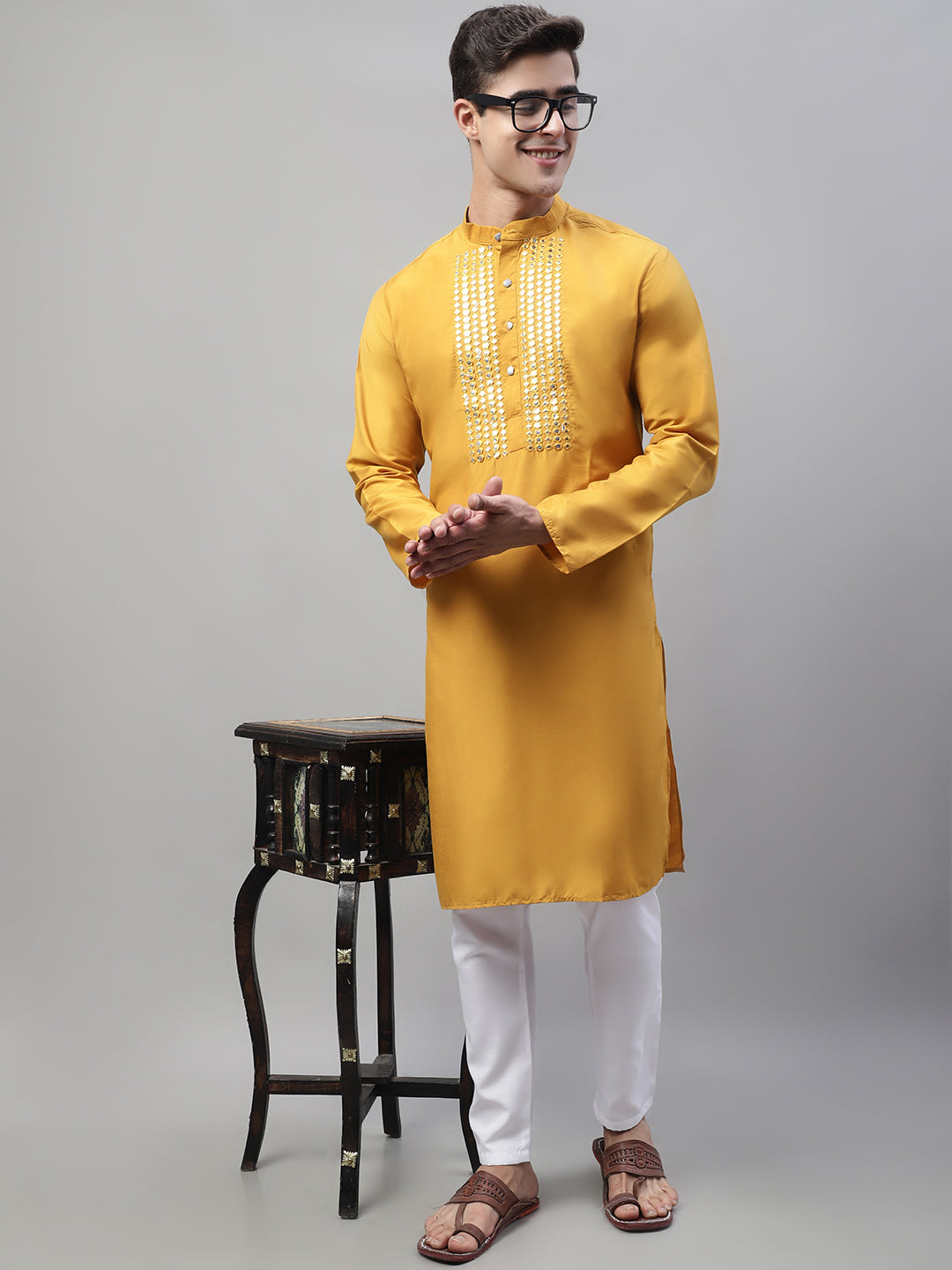 Men's Mustard Cotton Silk Mirror Work Kurta Pyjama