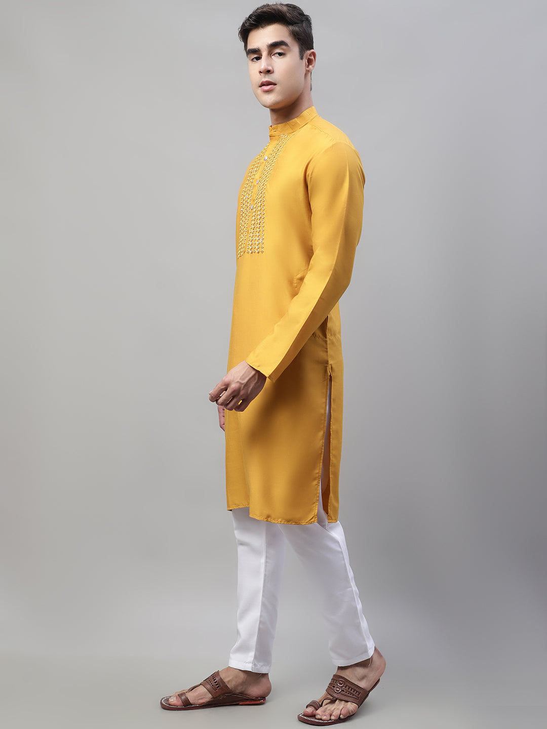 Men's Mustard Cotton Silk Mirror Work Kurta Pyjama