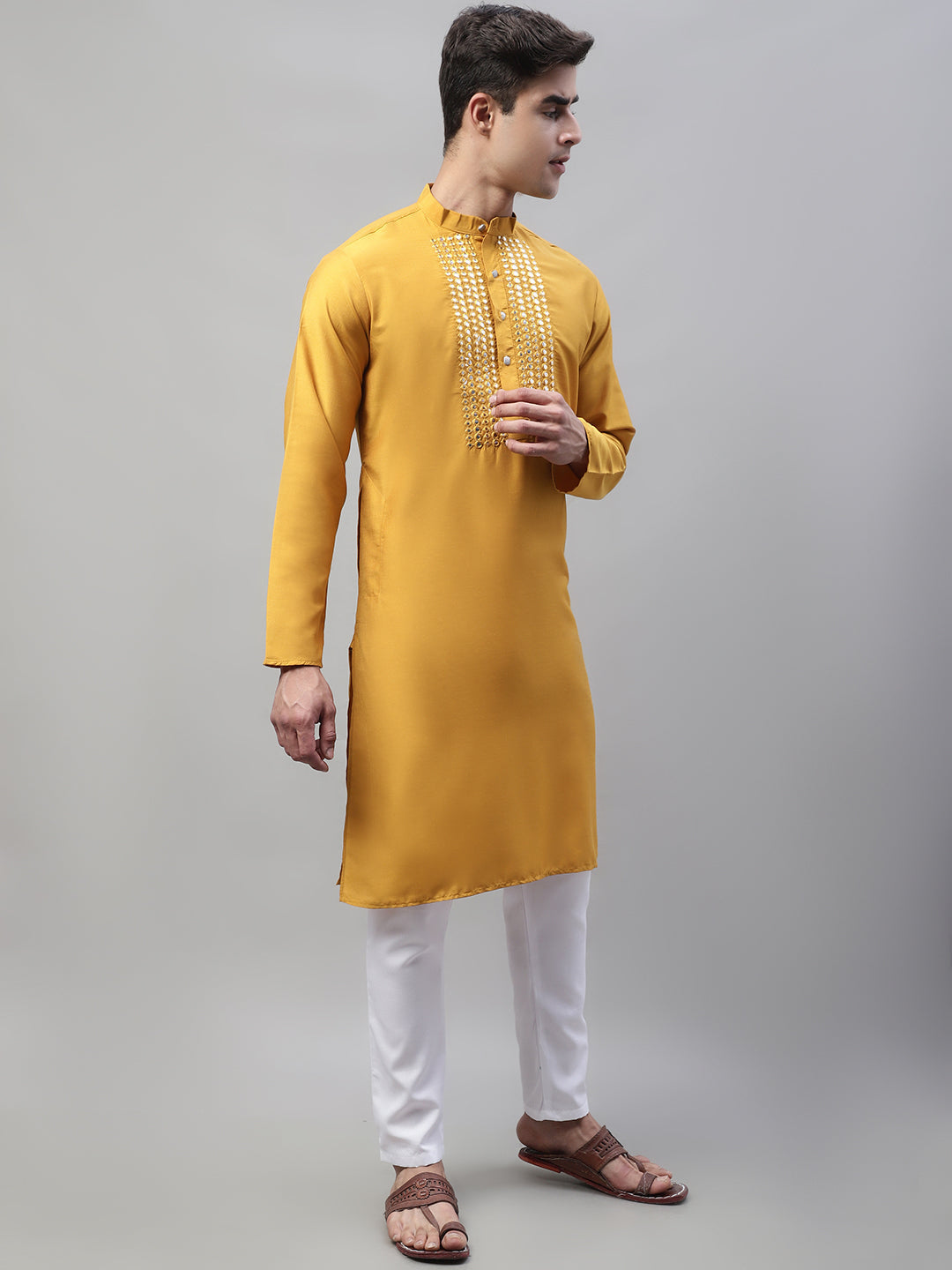 Men's Mustard Cotton Silk Mirror Work Kurta Pyjama