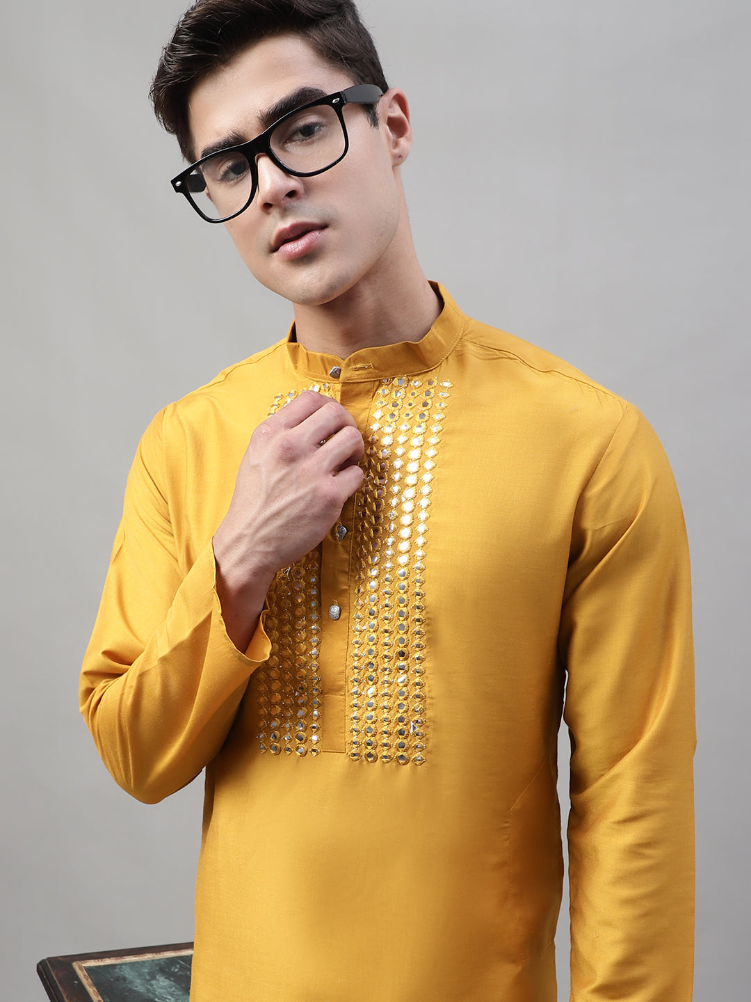 Men's Mustard Cotton Silk Mirror Work Kurta Pyjama